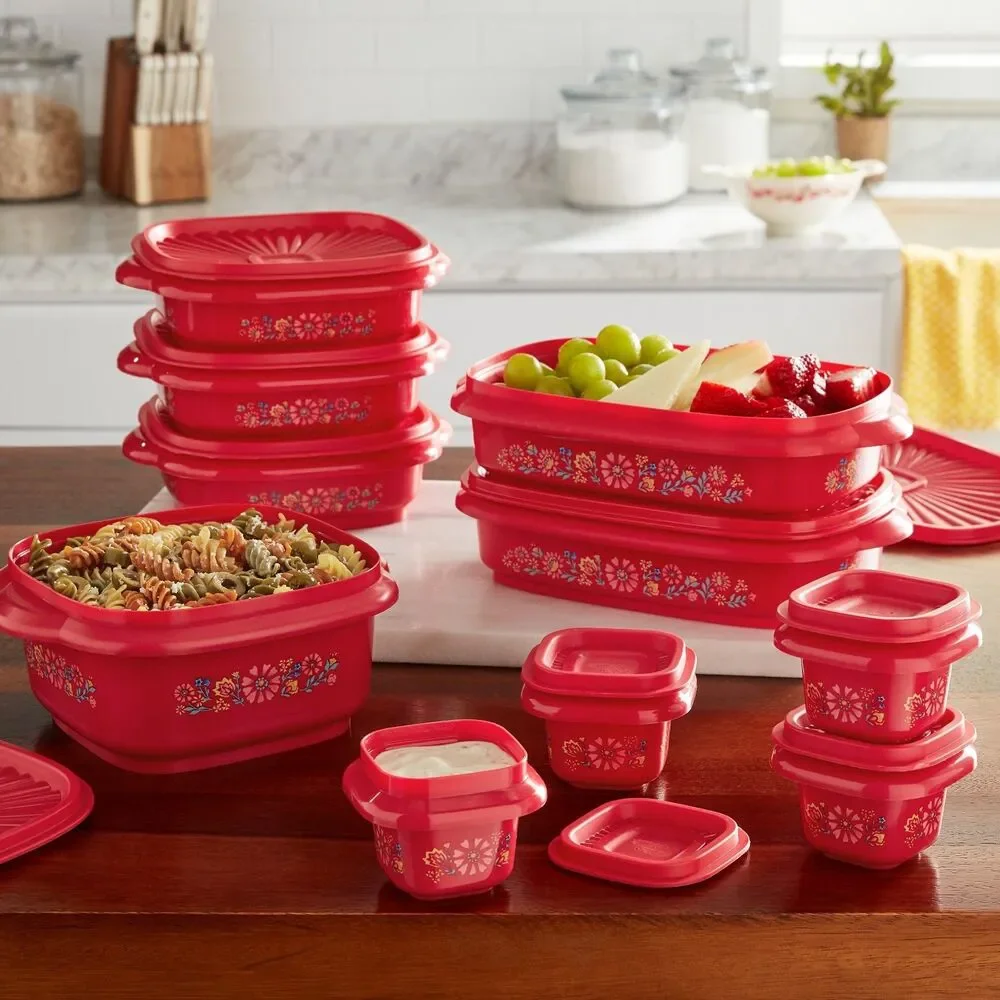Pioneer Woman 20 pcs Red Food Container Storage Set Plastic Floral Kitchen